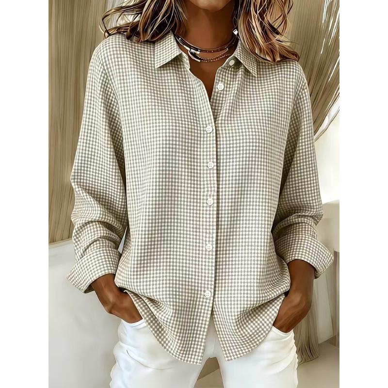 European beautiful women's new versatile lapel long-sleeved plaid shirt European and American four seasons fashion women's clothing