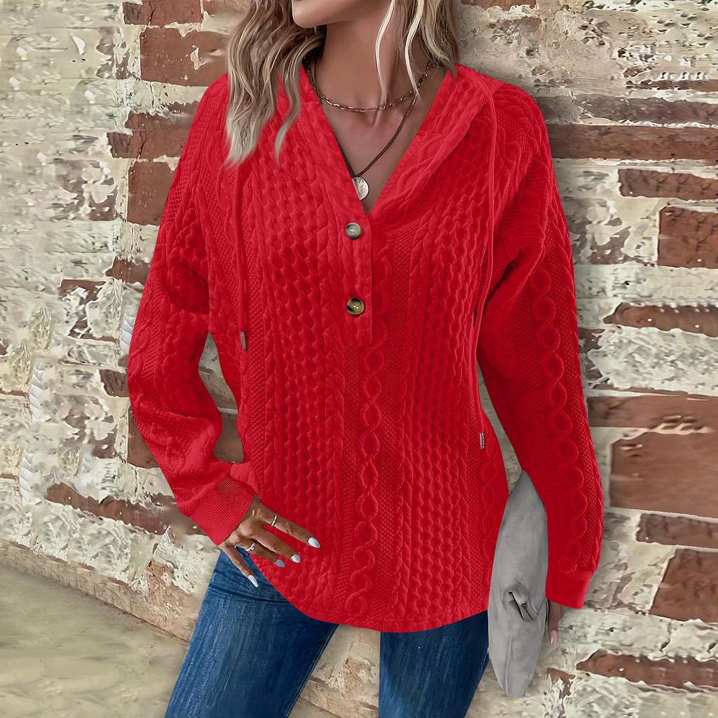 Women's Fashion Long Sleeve Drawstring Hooded Button V-Neck Casual Hooded Sweatshirt Top