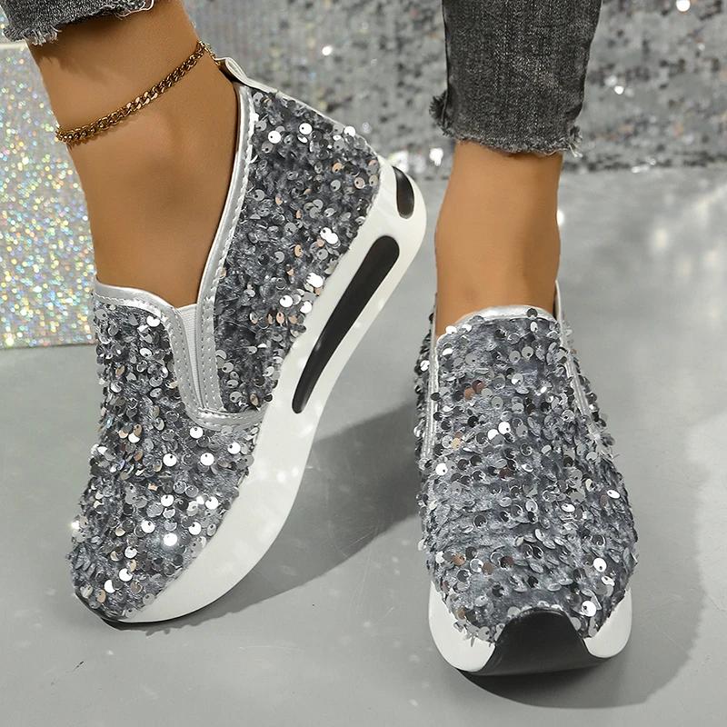 Fashion Silver Glitter Chunky Platform Comfort Sneakers Women 2025 Autumn Thick Bottom Loafers Slip-On Height Increasing Casual Shoes 42