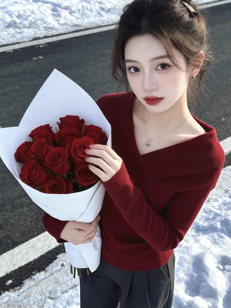 Korean Red V-Neck Long-Sleeve Women's T-Shirt, Spring Chic Slim-Fit Top for Layering