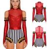 Adult Circus Ringmaster Bodysuit Sequined Patchwork Ruffled Hem Leotard and Metallic Gloves for Halloween Dress Up Party
