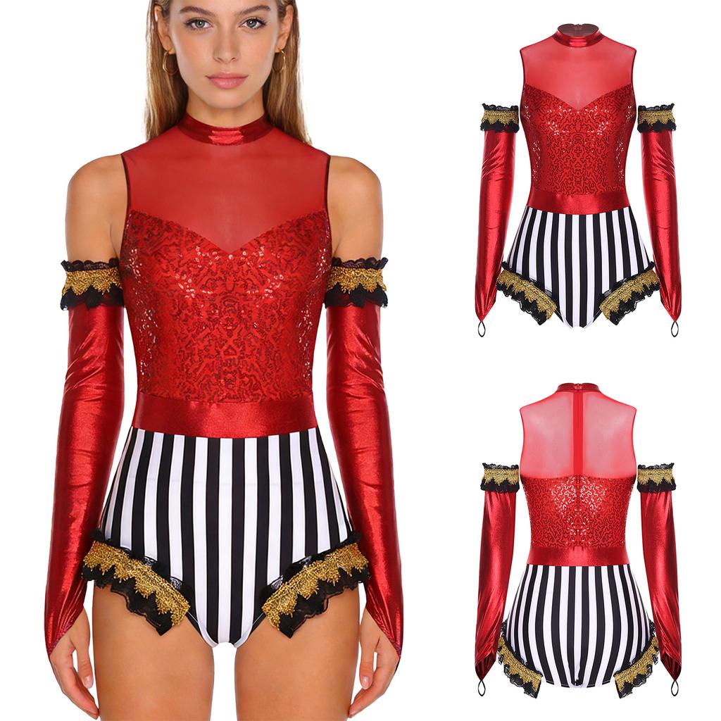 Adult Circus Ringmaster Bodysuit Sequined Patchwork Ruffled Hem Leotard and Metallic Gloves for Halloween Dress Up Party