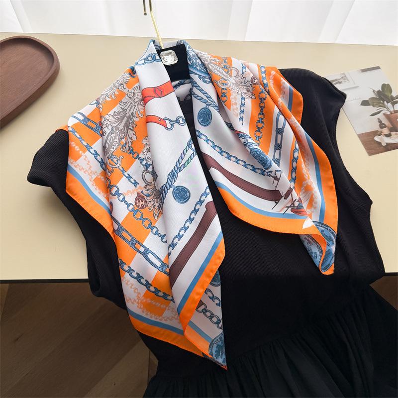 European and American Chain Simulation Silk Printing Silk Scarf Small Square Scarf High-end Shawl Sunscreen Neck Scarf Headscarf Female