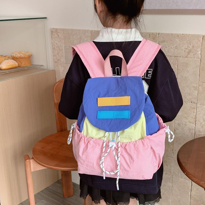 Kids' Lightweight Color Block Backpack: Large Capacity Kindergarten Bag with Drawstring for Boys and Girls