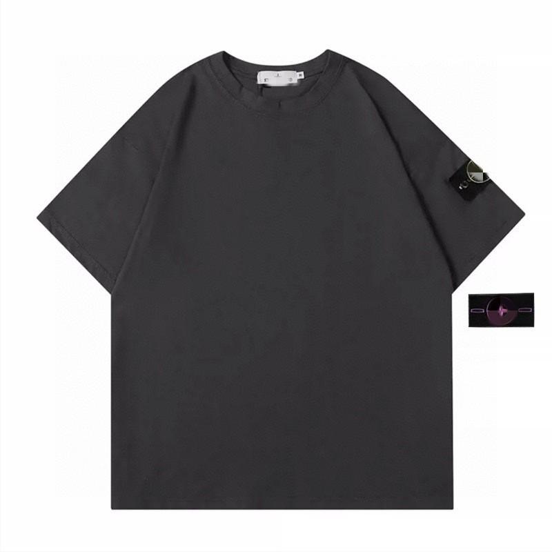 Stoneh Classic Patch Solid Color T-Shirt Men Women High Street Basic Short Sleeve Crewneck Casual Top