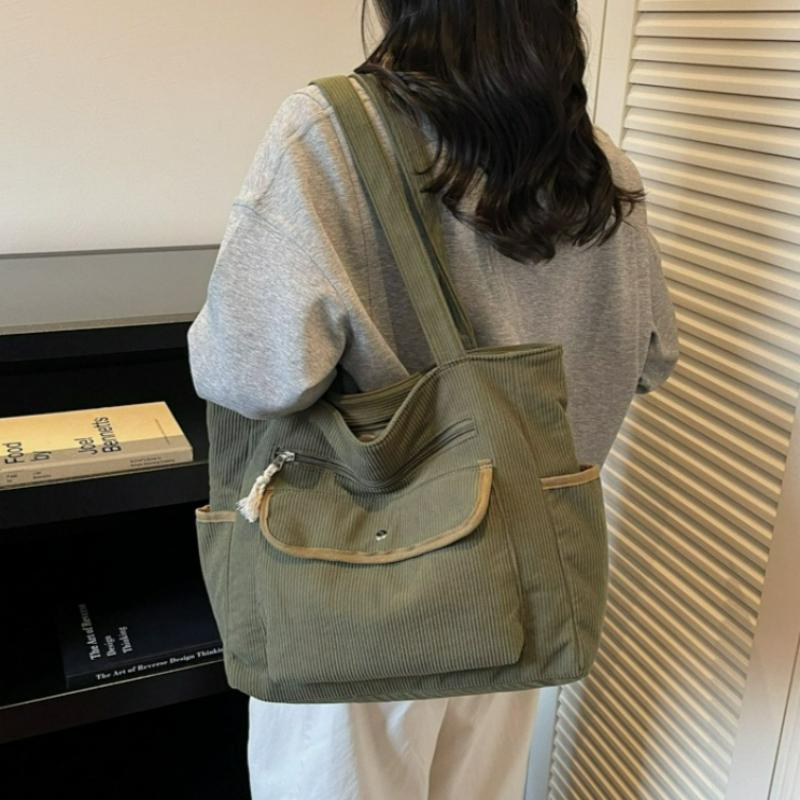Corduroy Shoulder Bag Women Large Capacity Multi Pocket Tote Handle Bag Korean Style Casual Textured and Versatile Storage Bags