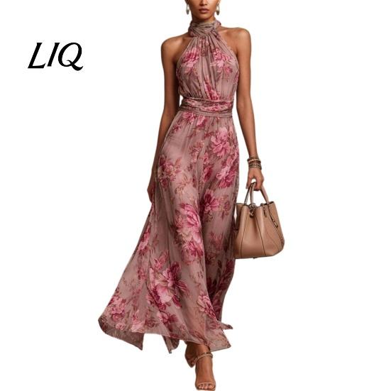 Casual Loose Fit Dress Floral Chiffon for Women, Halter Sleeveless Ruched Maxi Off-shoulder Dress, Turtle Neck Wedding Guest Cocktail Evening