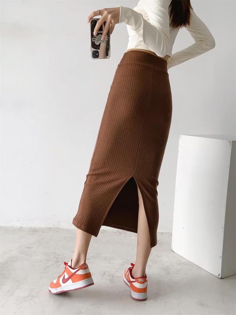 Trendy Women's European & American Style V-Neck High Waist Knitted Midi Skirt with Back Slit