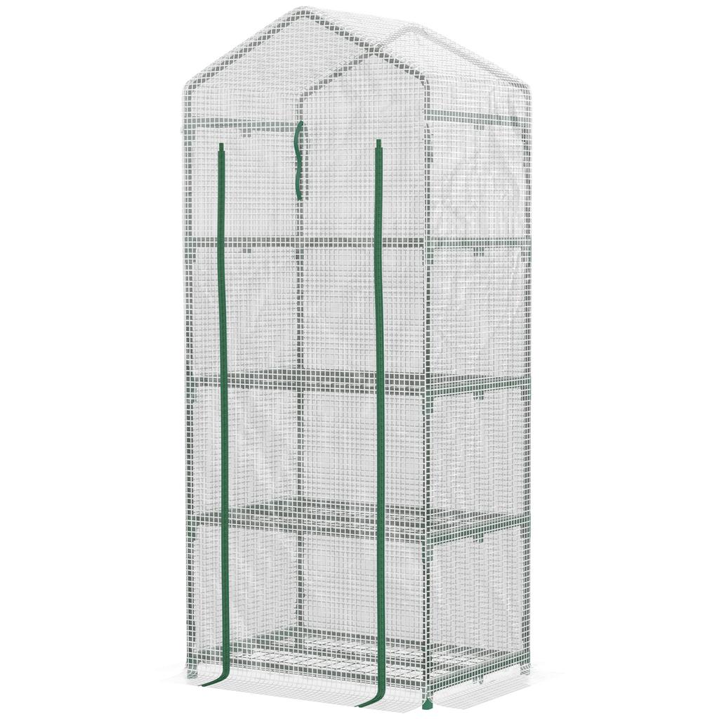 4 Tier Mini Portable Greenhouse Compact Plant Grow Shed Metal Frame PE Cover with Lockable Rolling Wheels, White