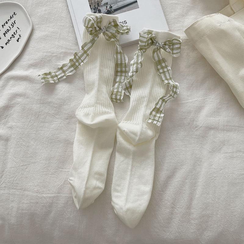 

Female Summer Thin Vertical Stripe Heel Check Ribbon Bow Ballet Mesh Breathable Tube Stack Socks 1 pair молоко, білий колір
