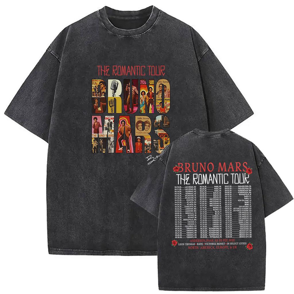 Vintage Washed Rapper Bruno Mars New Album Graphic T Shirts Mens Hip Hop Pop Loose Fashion Short Sleeve Tshirt Streetwear