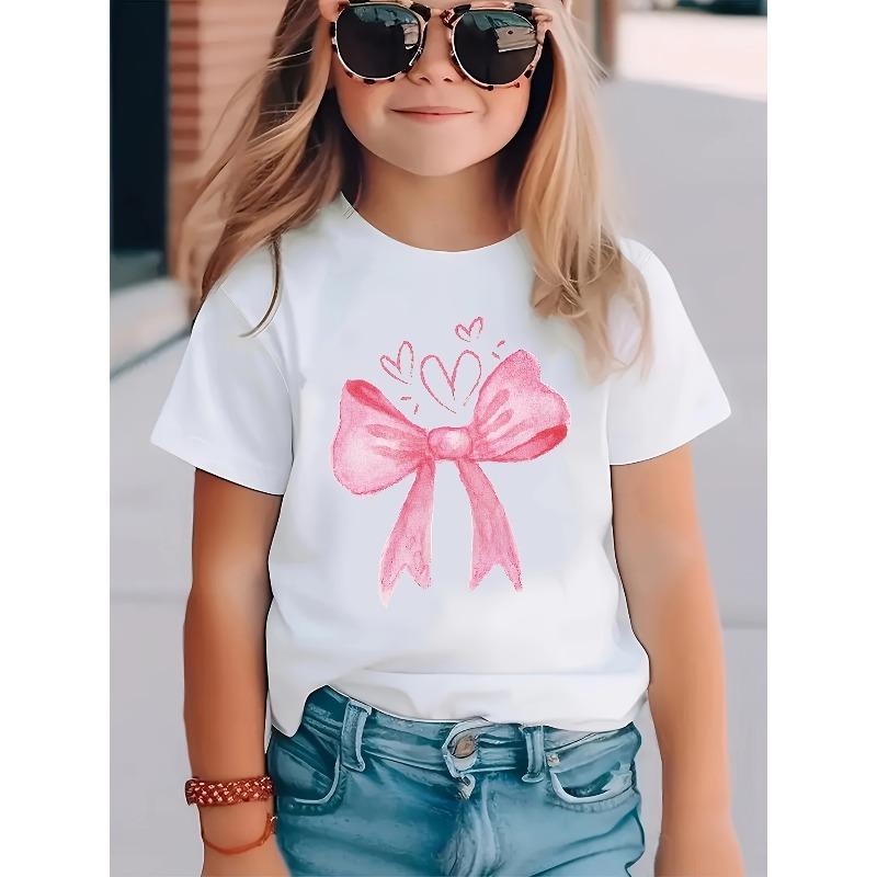 Girls Crewneck Summer Tee, Cute Watercolor Pink Bow & Heart Graphic Print Casual Short Sleeve Kids Fashion Top 110 белый