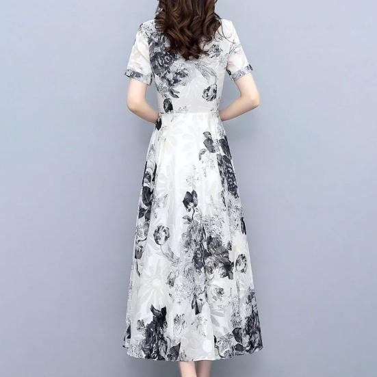 Women's Summer Flowy Chiffon Maxi Dress Casual Short Sleeve V Neck Long Dress Boho Floral Beach Sundress