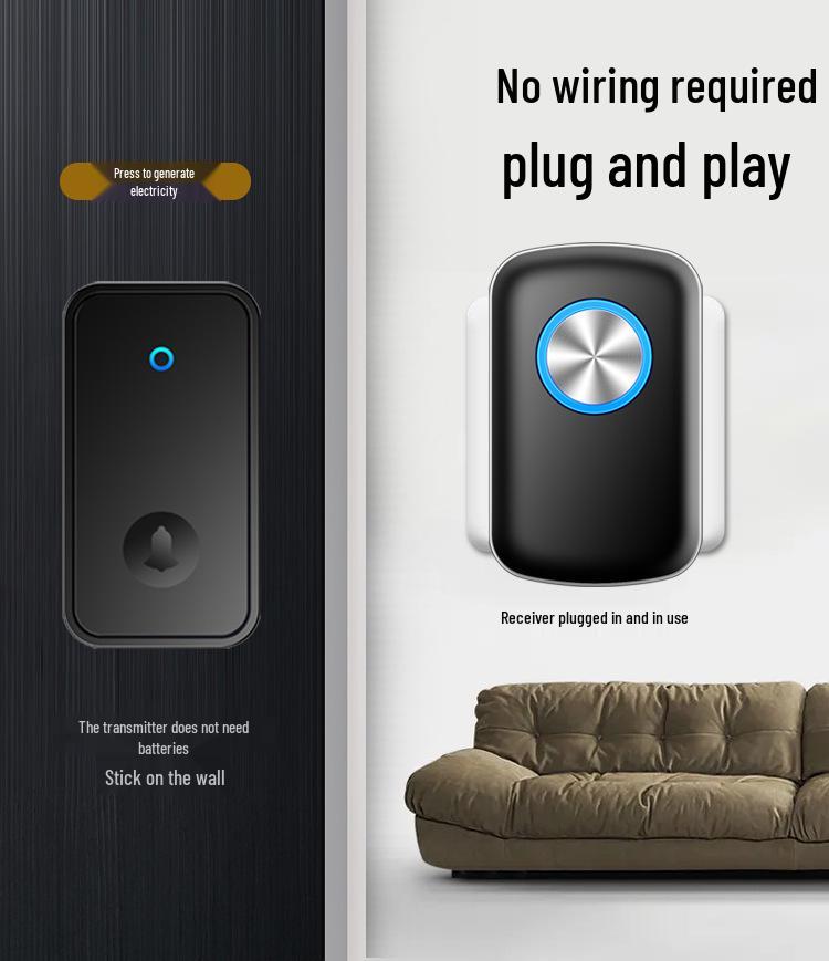 Wireless Waterproof Self-Powered Doorbell for Ultra-Long Range, No Battery, Smart Remote for Elderly
