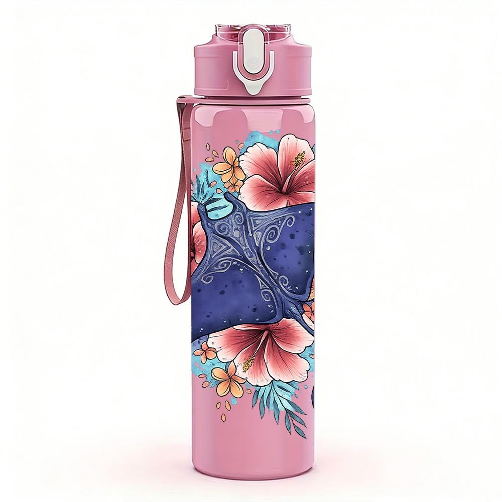 1PC Blue Butterfly Flower Art Print 750ml Color Plastic Sports Water Bottle Leakproof Flip Straw Lid Suitable for Sports Office Home Use
