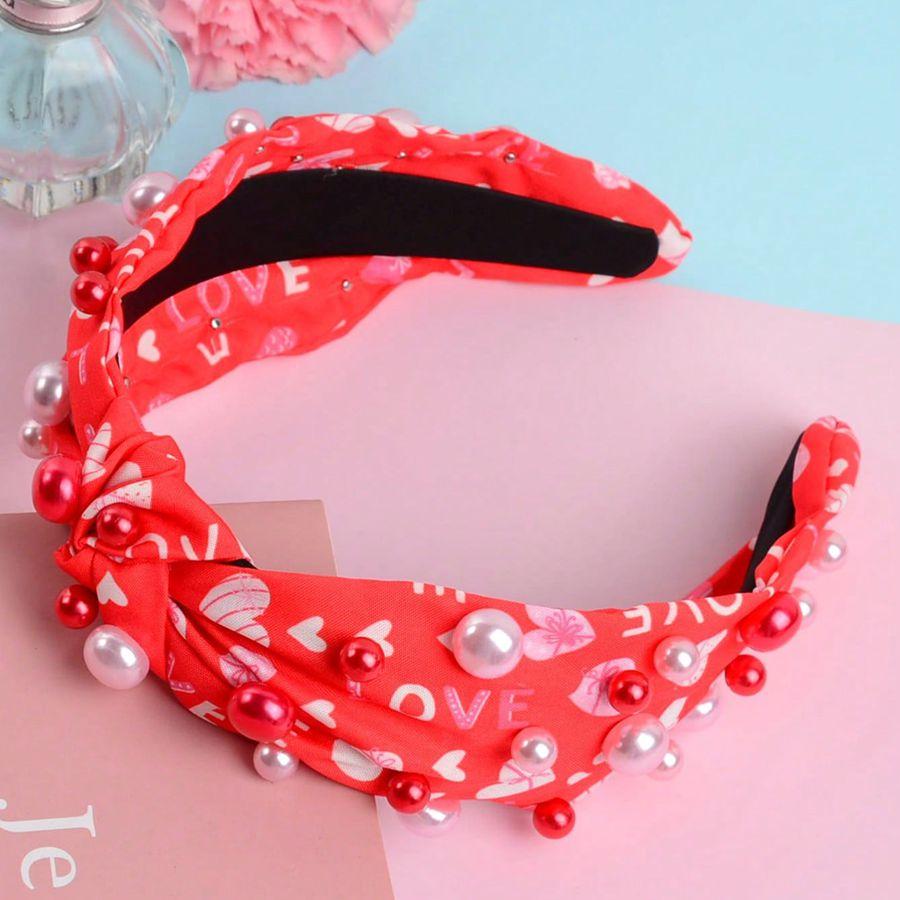 Red Pearl Fabric Headband Valentine's Day Party Gift Love Letter Heart Hair Accessories Women's Headband