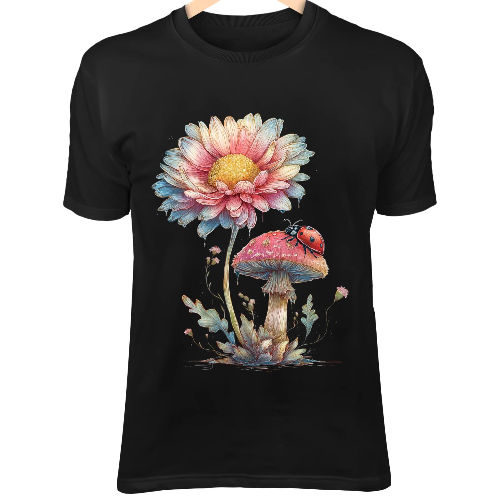 

Причудливая ромашка и гриб - Деталь божьей коровки, Ботаническая фэнтези-иллюстрация со свечением M