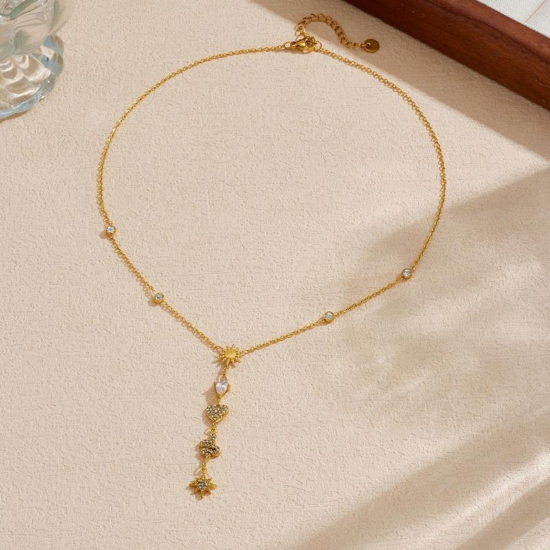 Gold Plated CZ Star Heart Y-Drop Lariat Necklace, Dainty Adjustable Cable Chain for Women, Elegant Daily Jewelry золотой
