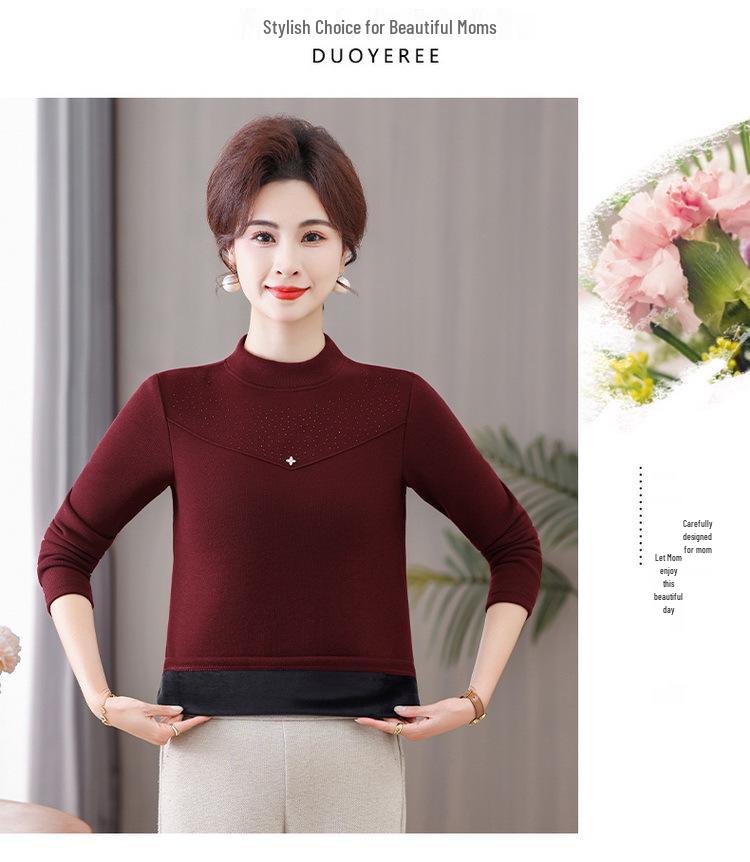 Women's Long-Sleeve Velvet-Lined Warm T-shirt for Middle-Aged & Elderly - Autumn/Winter Layer