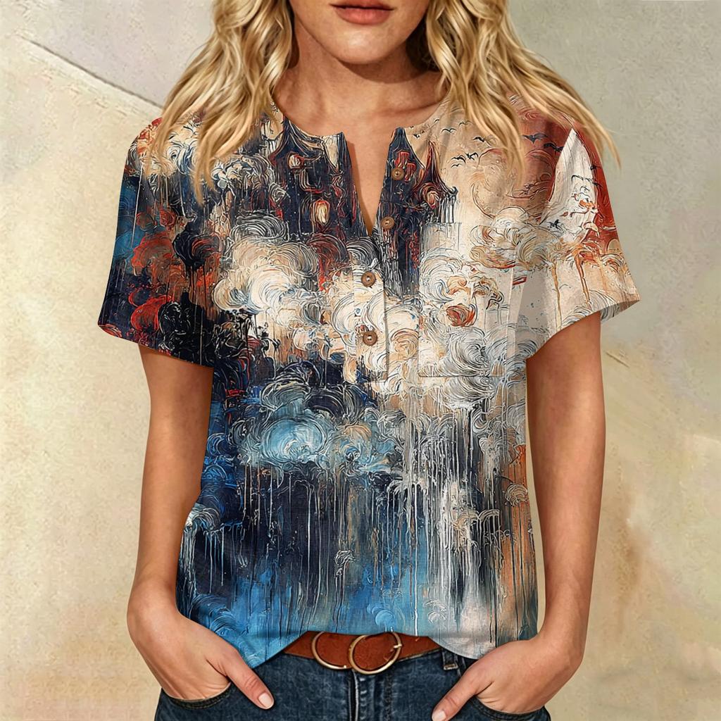 Women Casual Short Sleeve Henley Shirt Cotton Linen Blend Halloween Print Front Pocket Button Neck Blouse