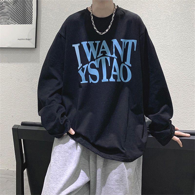 

2023 Новая весенне-осенняя мода Футболка с круглым вырезом и принтом букв, свободного кроя, в корейском стиле, в стиле Гонконга, мужская подкладка S чёрный