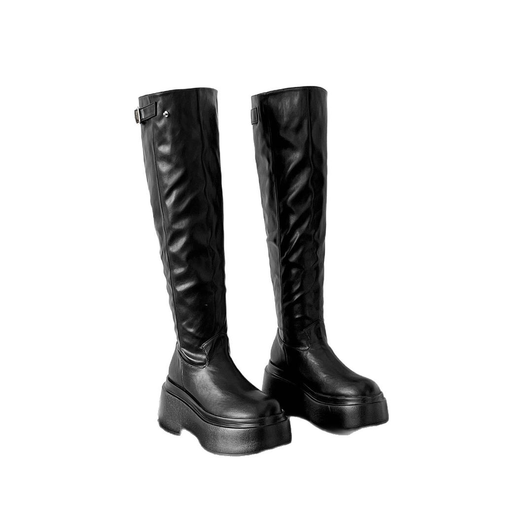 Round Head Versatile Thick-soled Small Height-increasing Boots 2025 New Minimalist Large Tube Circumference Stacking Boots Knight Boots