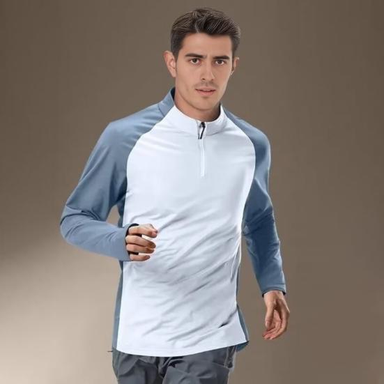 Set Tuta da Ginnastica da Uomo 2 Pezzi/Set Colletto Alto Manica Lunga Pantaloni Lunghi con Vita Elastica Set Patchwork Colore Asciugatura Rapida