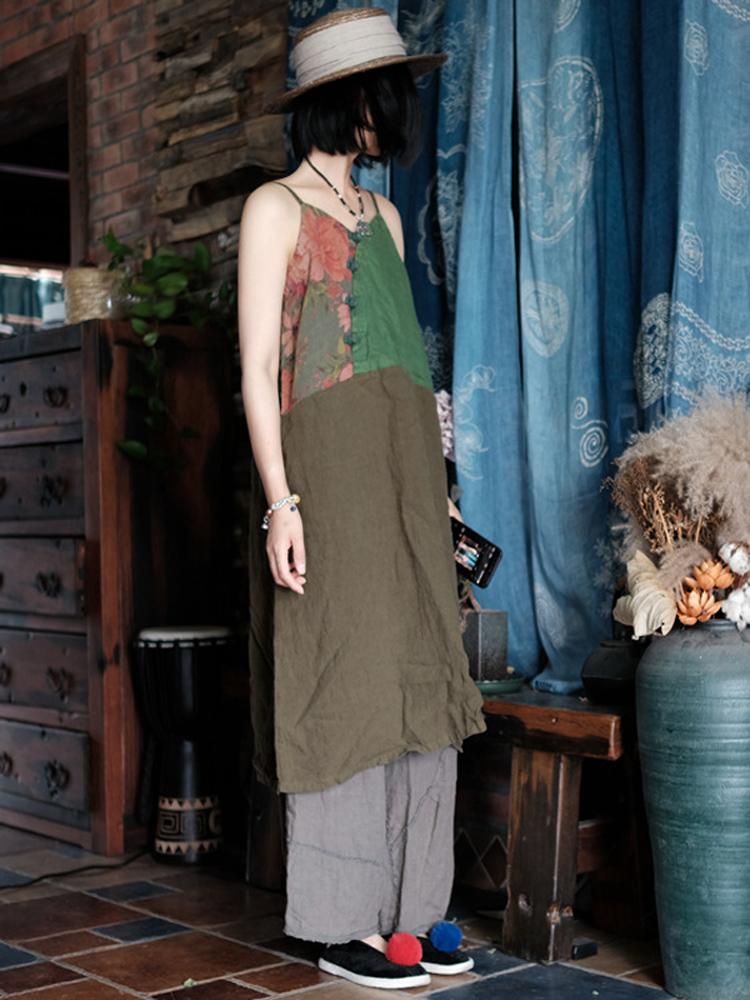 Johnature Dámské šaty Vintage Patchwork Barva Letní Tlačítko Čínský Styl Len Dámské Špagetové šaty s popruhem