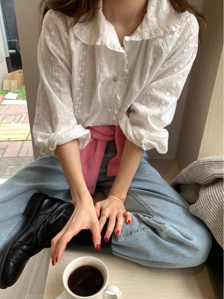 2026 Early Spring/Autumn Korean Inspired Hollow Out Embroidered Long Sleeve Women's Shirt