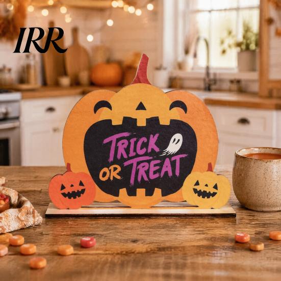Holiday Window Display Ornament Halloween Wooden Table Sign, Cute Pumpkin Boo Ghost Vibrant Party Prop Tabletop Centerpiece for Indoor Mantel