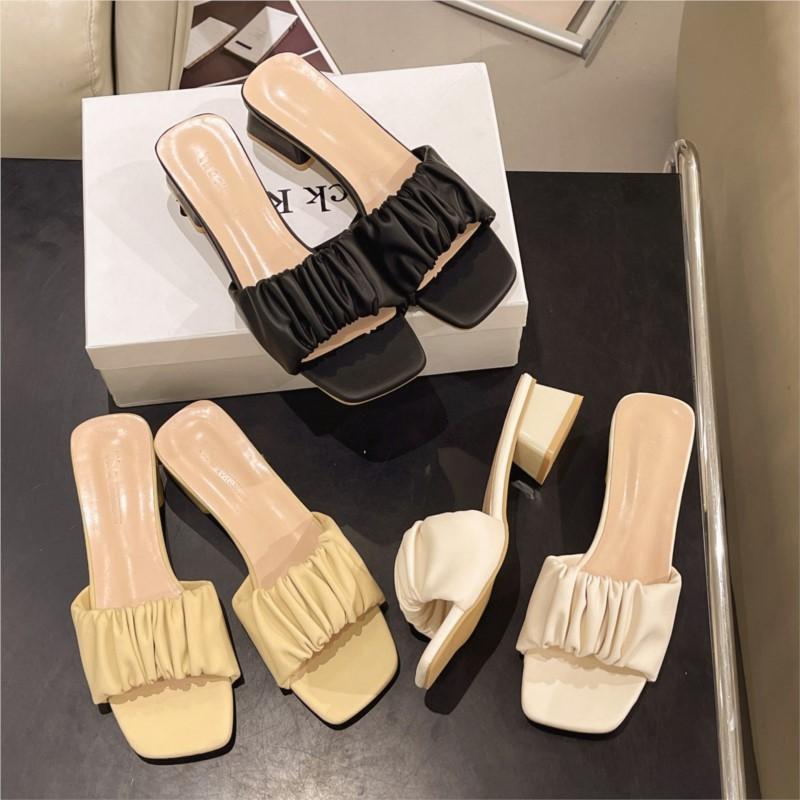 Fashion Womens Plus Size Square Toe Crinkle Strappy Slides Korean Summer 2025 Slip-On Sandals Comfortable Outdoor Casual Lazy Slippers