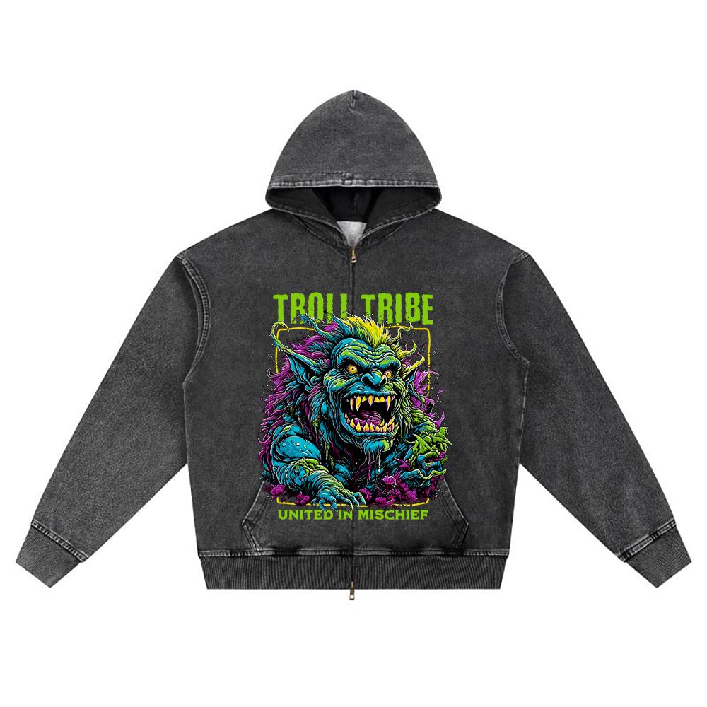 DTG print Knitted Denim Zip-Up Hoodie Troll Tribe Brother Print Zipper Hoodies  