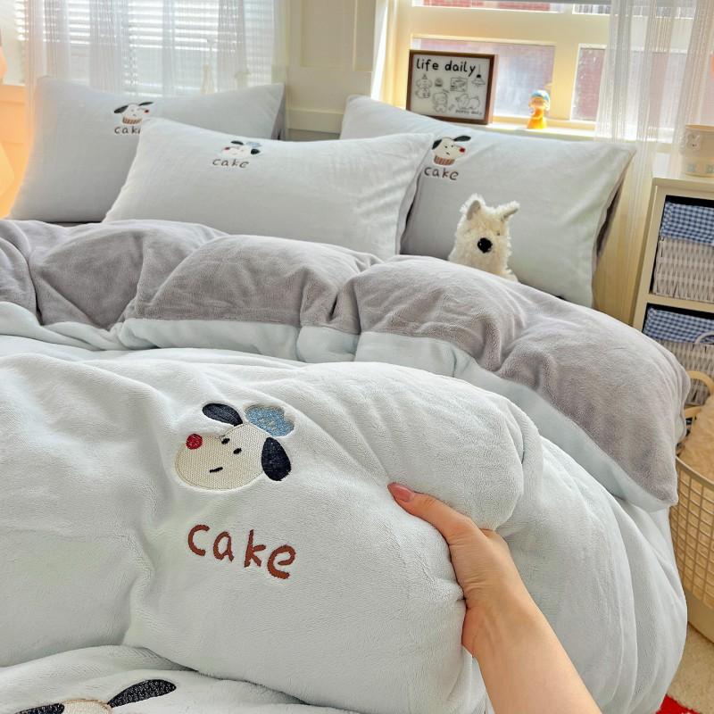 Ins Cute Cartoon Milk Fleece Bedding Set Winter Flannel Duvet Cover Sheet