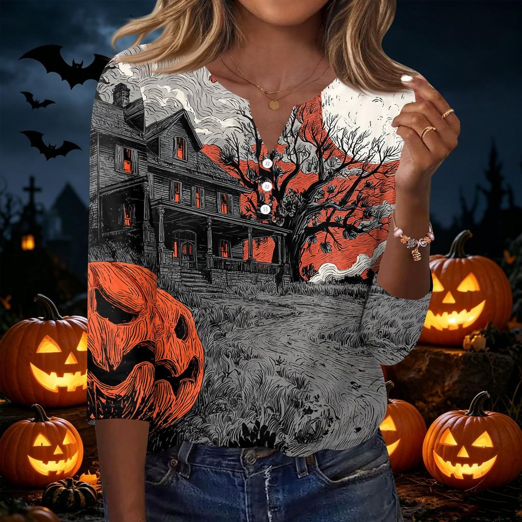 Women V Neck Button Three Quarter Sleeve Top Halloween Print Casual Loose Fit T Shirt for Daily and Holiday Wear