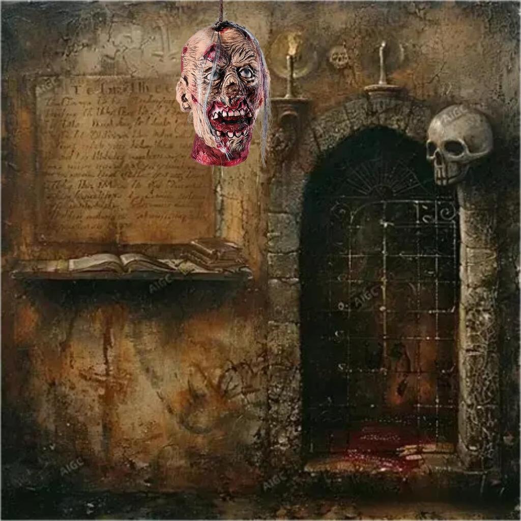 Scary Halloween Decorations Props - Life-Size Hanging Bloody Latex Severed Zombie Head for Haunted House Decor, Indoor Outdoor Halloween Party Yard