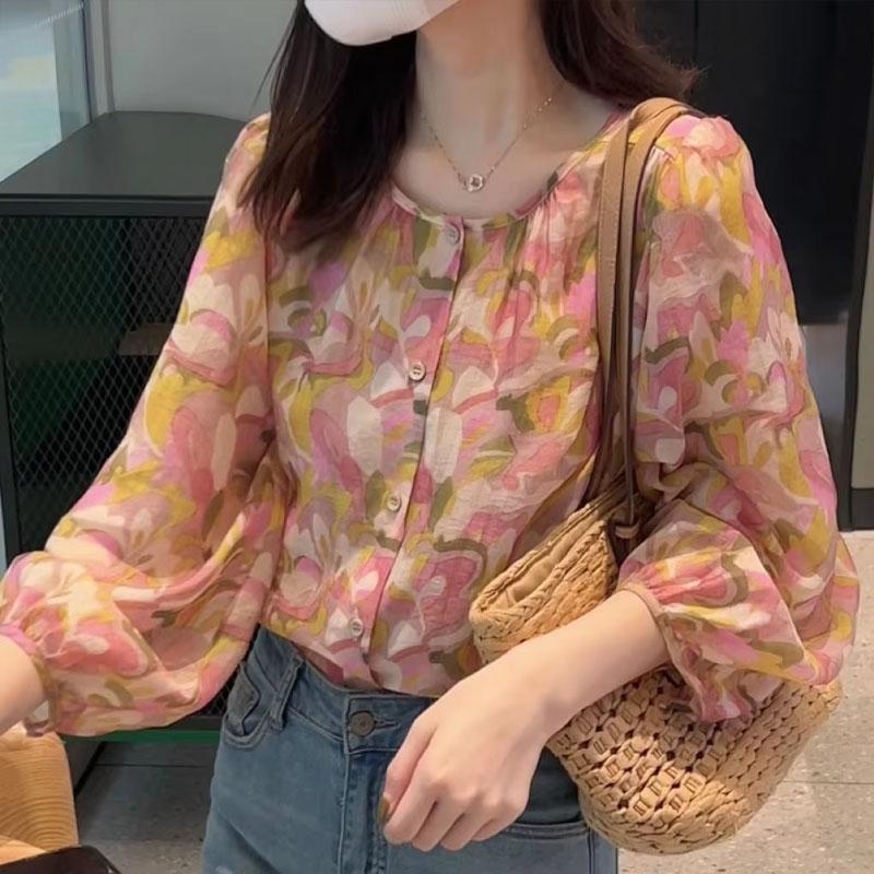 Fashionable, Fresh Chiffon Floral Long Sleeve Shirt for Women Spring and Summer New Casual Loose Puff Sleeve Top Trendy