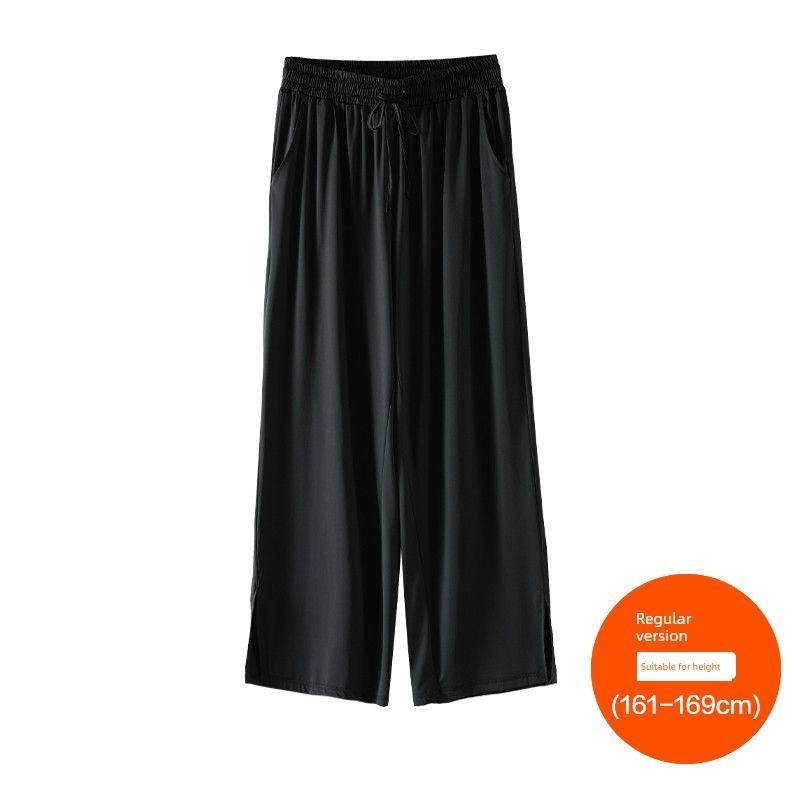 Plus size women clothing [Ice Silk Cool Pants] Three Pants Length Early Autumn New Chubby Girl High Waist Straight Split Wide Leg Pants