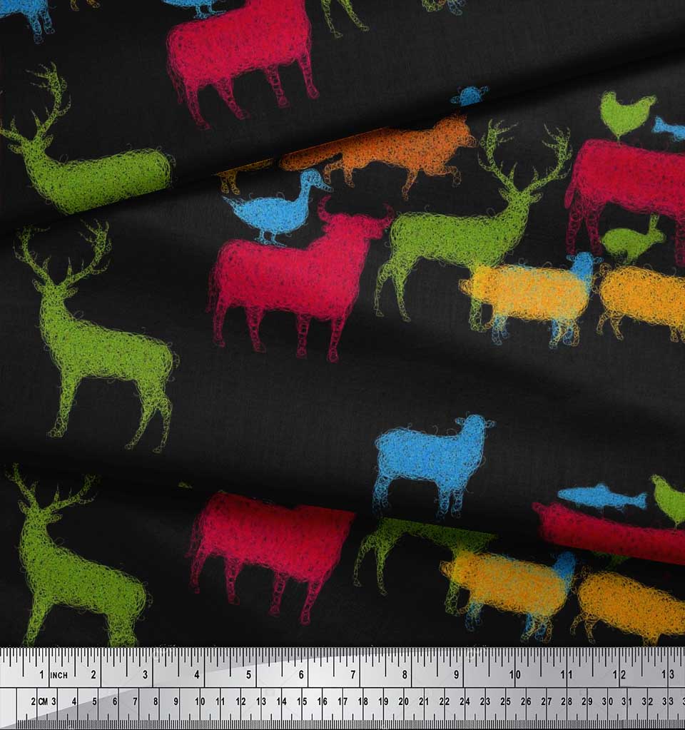 Soimoi Japan Crepe Satin Fabric Birds & Animals Hand Drawn Print Fabric by Metre 42 Inch