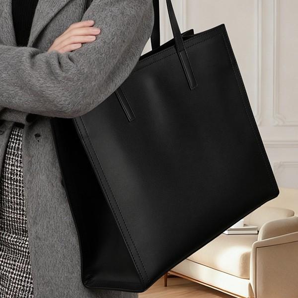 Genuine Leather Large Capacity Tote Bag Black Cowhide Commuter Bag New Briefcase Laptop Bag Versatile Textured Shoulder Bag