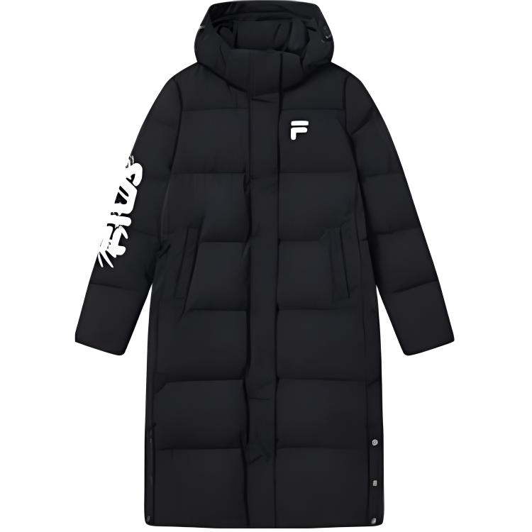 FILA Embroidered Logo Sports Mid-Length Hooded Down Jacket Women outerwear Black F51W249909F-BK