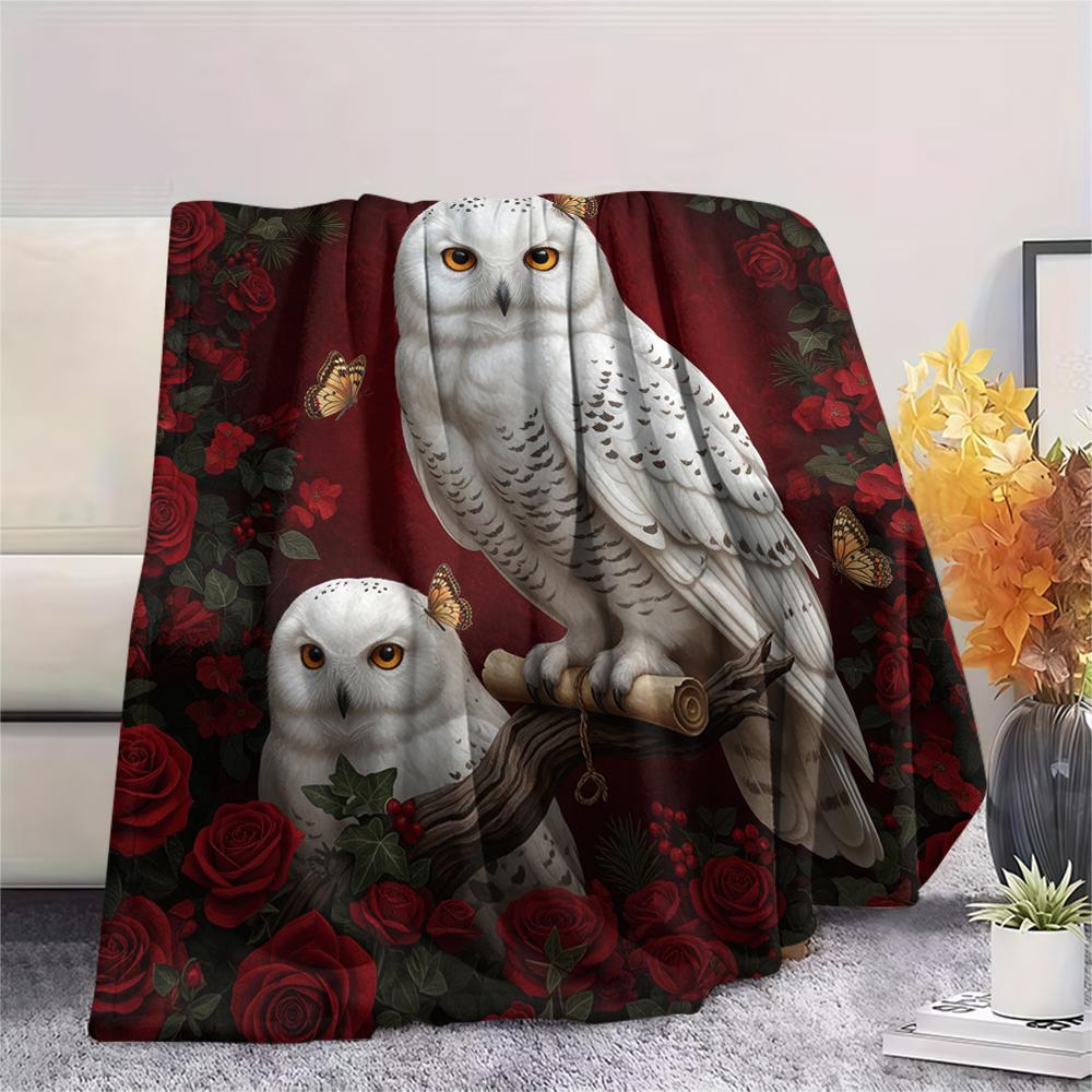 1PC Red Rose Owl Print Flannel Blanket, High Quality All Seasons, Home Decor, Warmth and Comfort, Perfect for Christmas Gifts