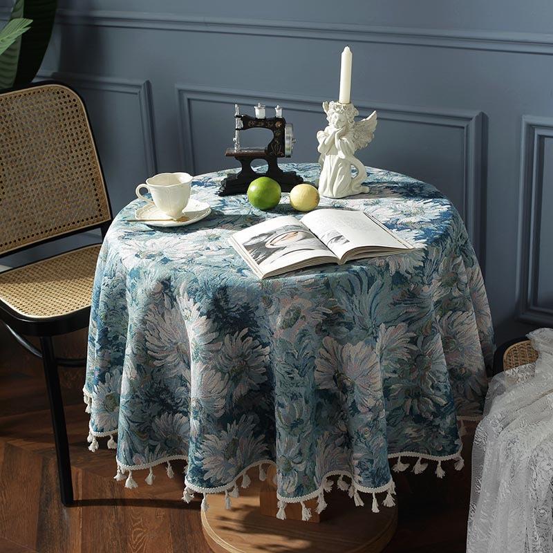 Yarn-Dyed Large Blue Floral Tassel Table Cloth American Style Oil Painting Household Circular Tablecloth Tea Table Cover Towel
