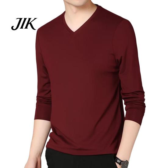 Spring Top Men Fall V Neck Long Sleeves Pure Color Autumn Clothes Slim Fit Thin Pullover T-shirt Daily Wear Sport Homewear