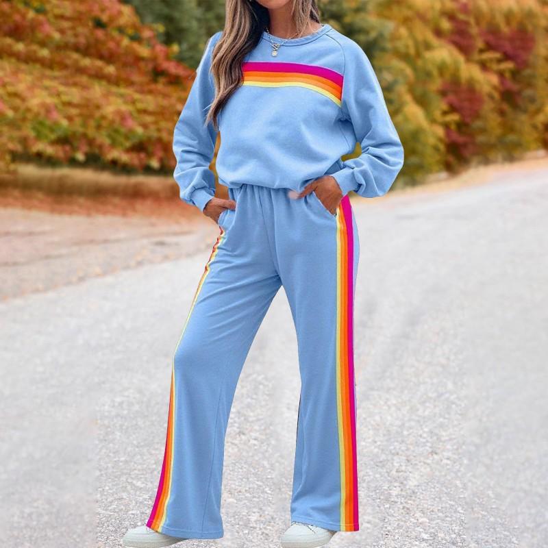 2026 Womens Rainbow Fleece Lined Hoodie Pants Set Casual Long Sleeve Two Piece Fall Winter