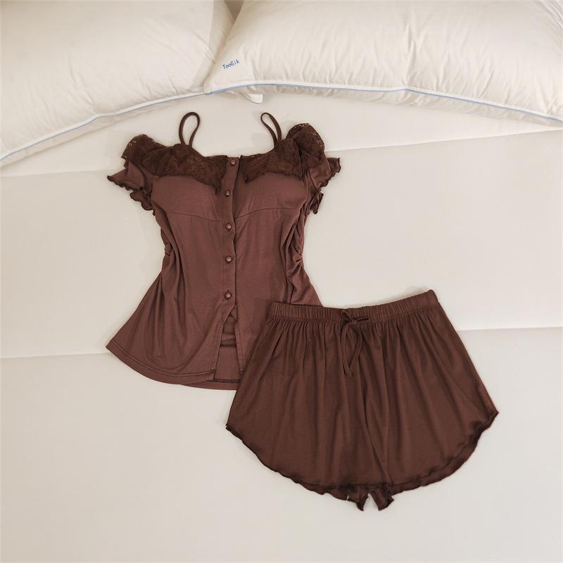 Women's Lace Camisole Sleepwear Set with Chest Pads - Sweet & Sexy Spring/Summer Homewear.
