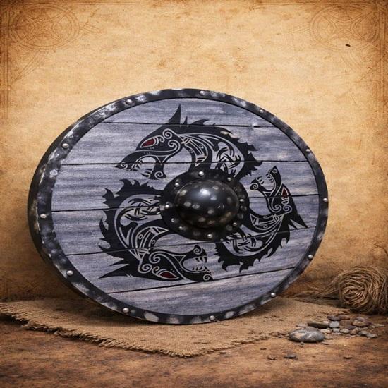 Viking Wolf Wooden Shield Wall Decor Norse Fenrir Shield Medieval Warrior Viking Home Decor Gift 60.96 cm