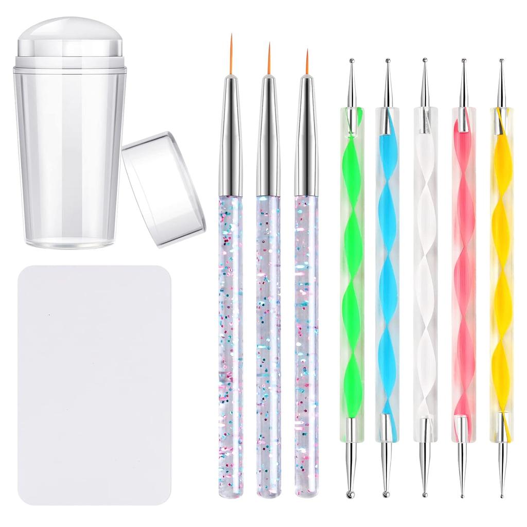 YIKOOLIN Charm Nail Stamp Jelly with Scraper 3PCS Nail Detail Brush Set Nail Art Brush Pen 5PCS Nail Dotting Pen Nail Stamping