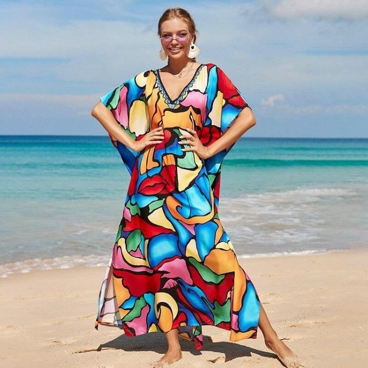 Colorful Printed Boho Beach Kaftan Dress Women Plus Size Maxi Summer Cover Up Rayon Bathing Suit
