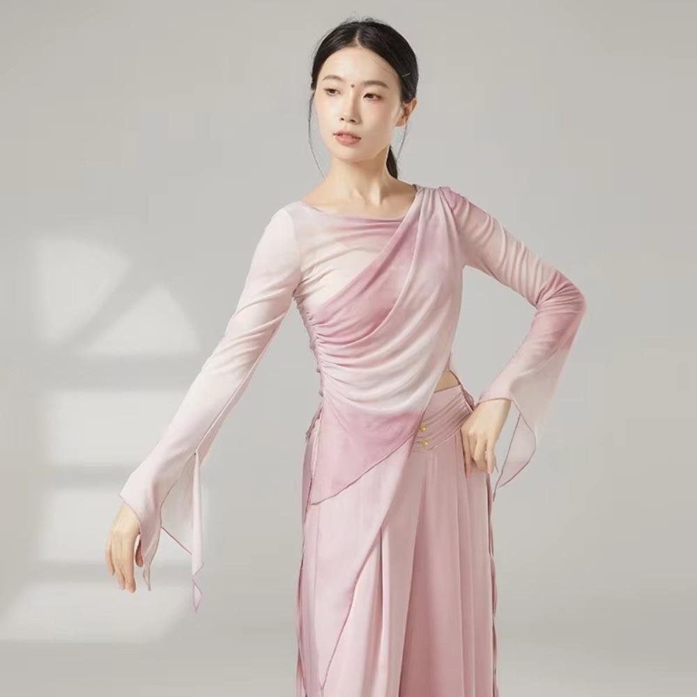 Long Slit Classical Dance Mesh Top Prints Chinese Hanfu  Women Dance Wear