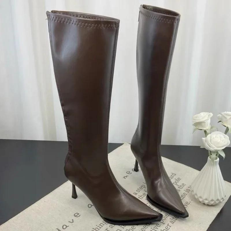 2024 neue Winterstiefel für Damen, spitzer Zehenbereich, hoher Stilettoabsatz, plissierte Kniestiefel, bequeme Stiefel mit mittlerem Bein, Zapatos de Mujer